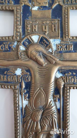 Старинный большой бронзовый крест, эмаль, 35 см