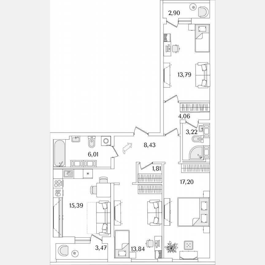 3-к. квартира, 86,9 м², 15/17 эт.