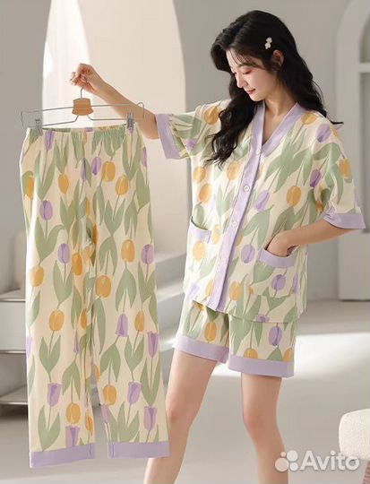 Женская пижама, одежда для дома тройка