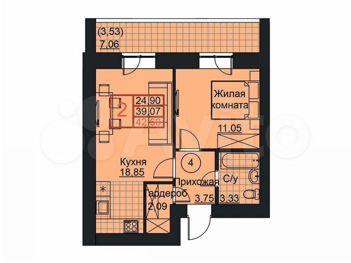 2-к. квартира, 42,6 м², 1/19 эт.