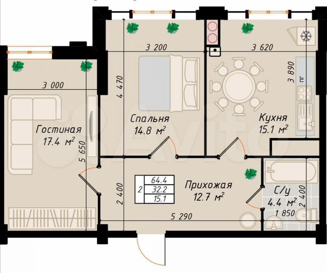 2-к. квартира, 65 м², 5/10 эт.