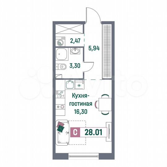 Квартира-студия, 28 м², 1/16 эт.