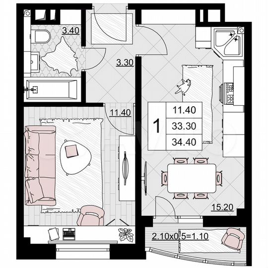 1-к. квартира, 34,4 м², 9/9 эт.