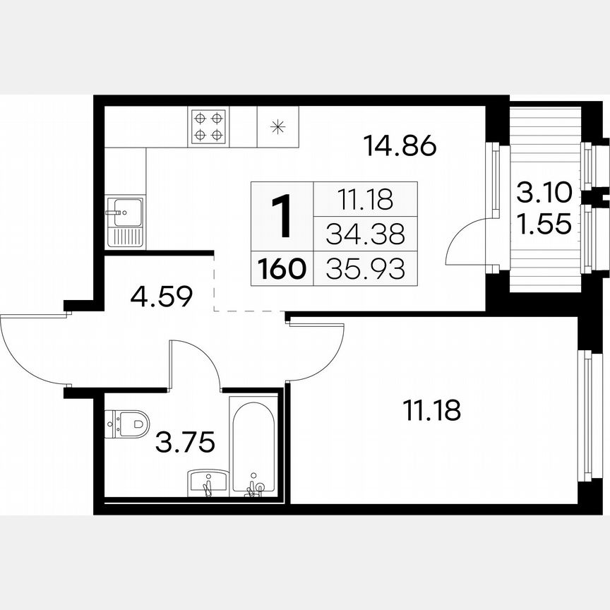 1-к. квартира, 35,9 м², 3/15 эт.