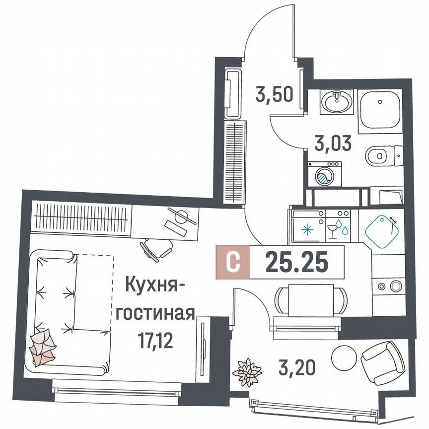 Квартира-студия, 25,3 м², 13/18 эт.