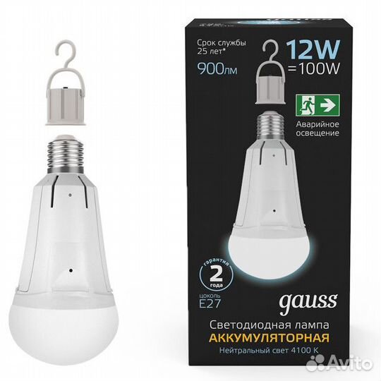 Лампа Gauss 12Вт Е27 900Лм LED 4100К авар. с Li-Io