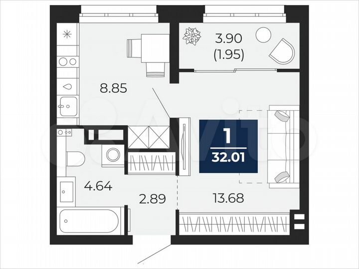 1-к. квартира, 32 м², 16/22 эт.