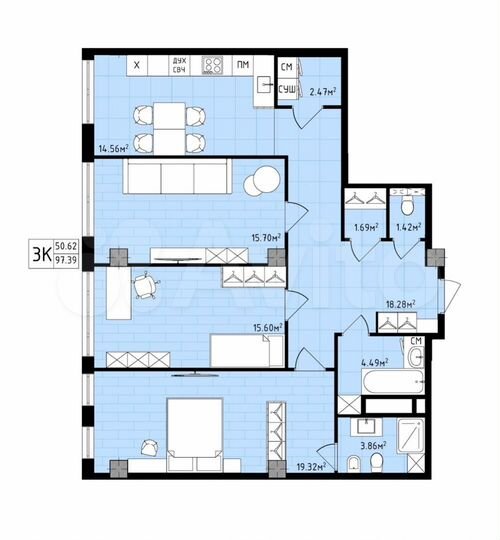 3-к. квартира, 97,4 м², 15/16 эт.
