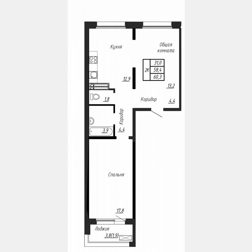2-к. квартира, 60,3 м², 16/17 эт.
