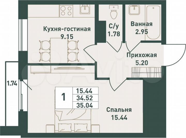 1-к. квартира, 35 м², 8/16 эт.