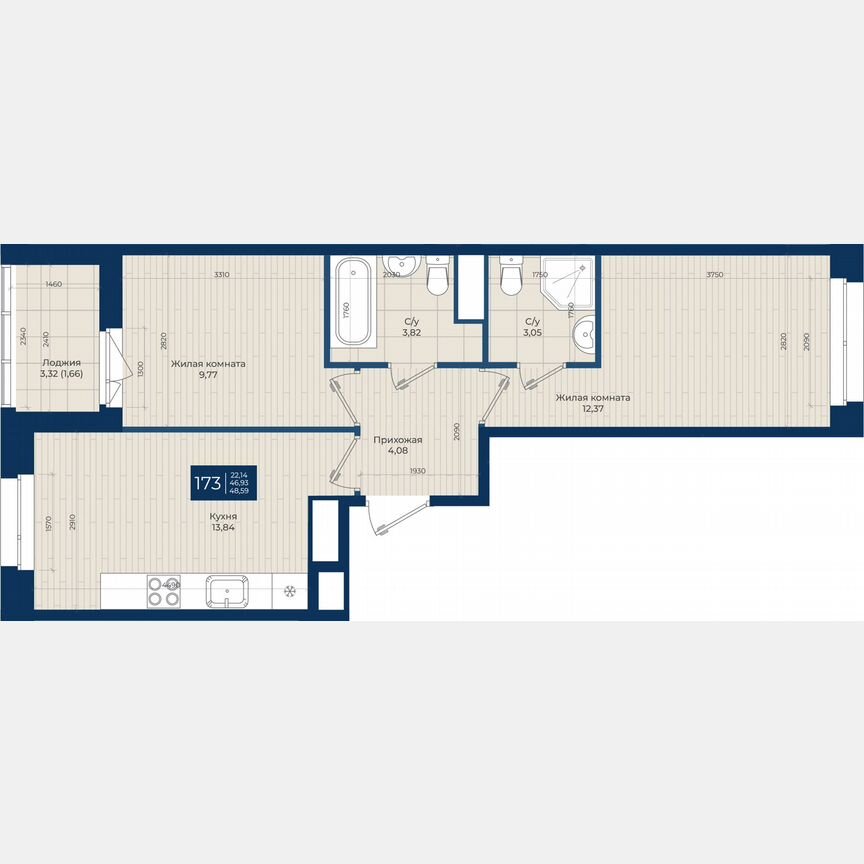 2-к. квартира, 48,6 м², 4/12 эт.