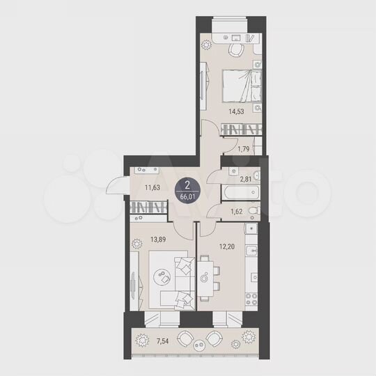 2-к. квартира, 66 м², 5/10 эт.