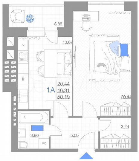 1-к. квартира, 50,2 м², 2/5 эт.