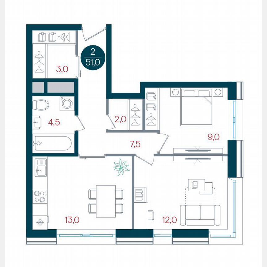 2-к. квартира, 51 м², 28/32 эт.