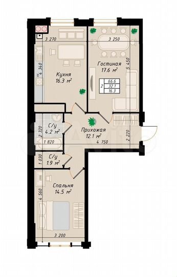 2-к. квартира, 66,6 м², 3/10 эт.
