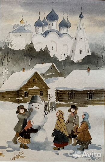 Картина акварелью Снеговик