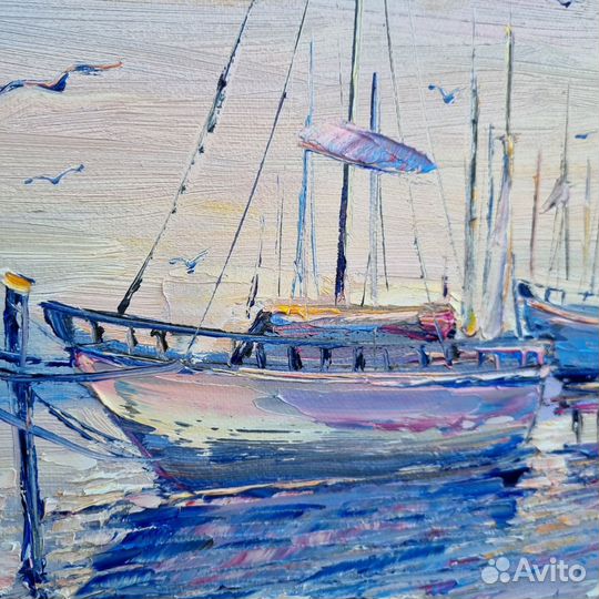 Морской пейзаж маслом картина с лодками берег моря
