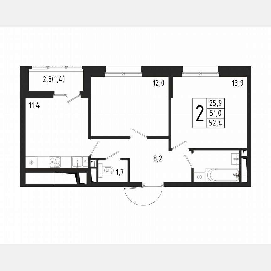 2-к. квартира, 52,4 м², 9/10 эт.