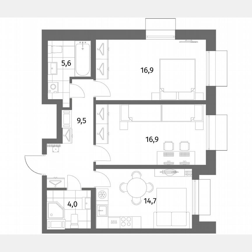 2-к. квартира, 67,6 м², 2/6 эт.