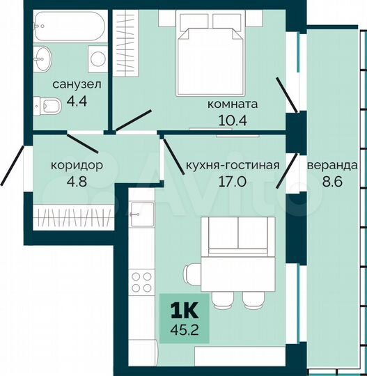 1-к. квартира, 45,2 м², 4/10 эт.
