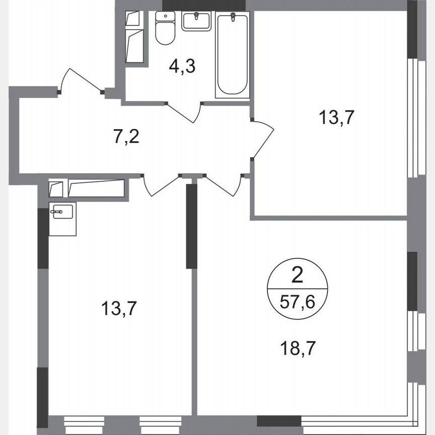 2-к. квартира, 57,6 м², 8/17 эт.