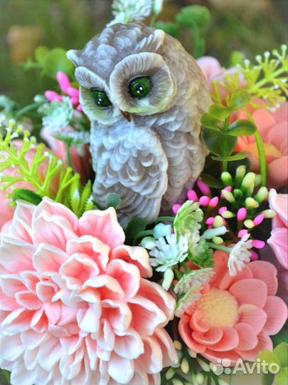Букет из мыльных цветов с совой ручной работы