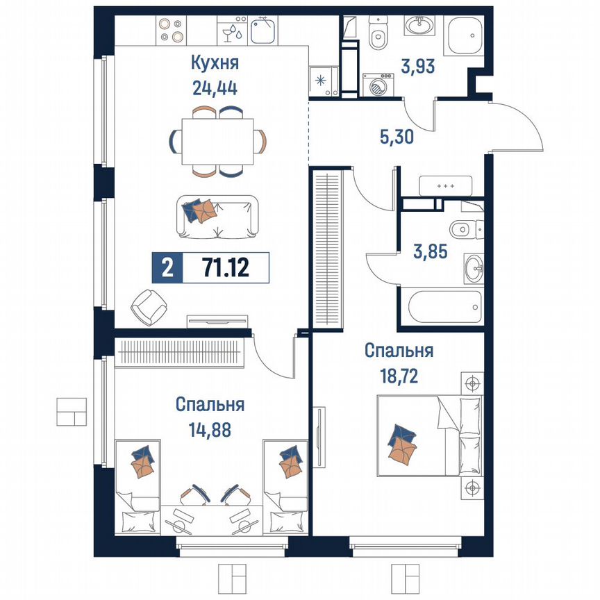 2-к. квартира, 71,1 м², 15/18 эт.