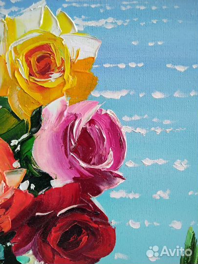 Картина холст масло 71*71 цветы розы море