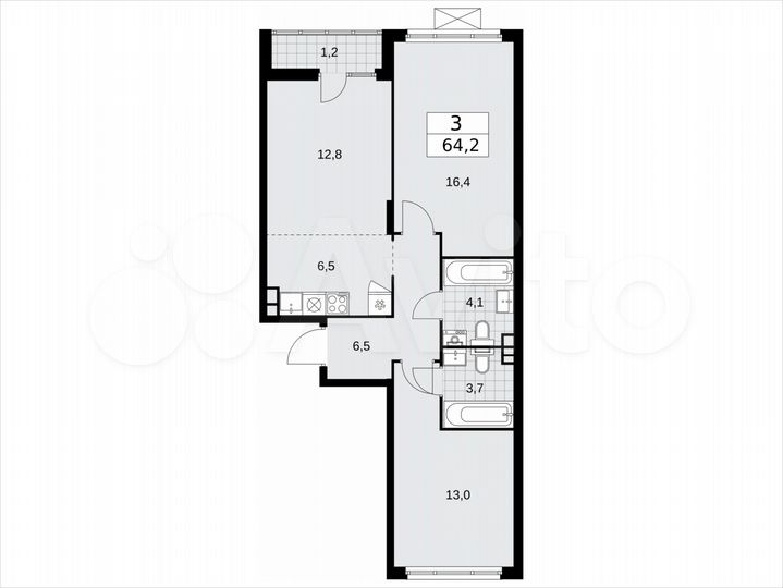 3-к. квартира, 64,2 м², 3/15 эт.