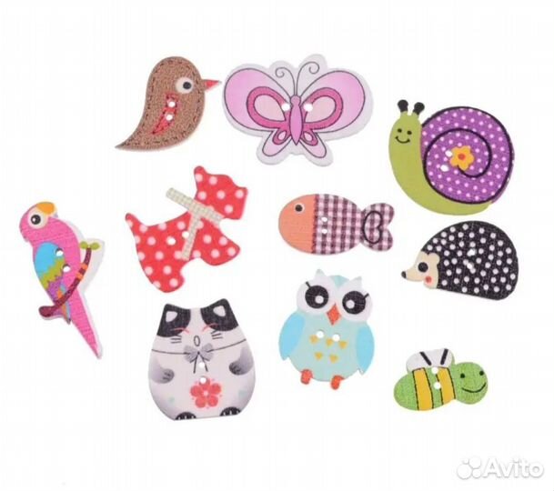 Деревянные пуговицы детские - животные 50 шт