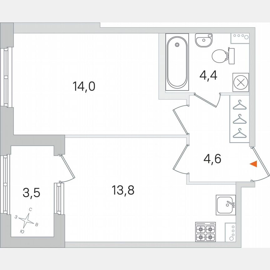1-к. квартира, 38,6 м², 1/4 эт.