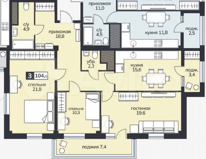 3-к. квартира, 104,1 м², 10/15 эт.