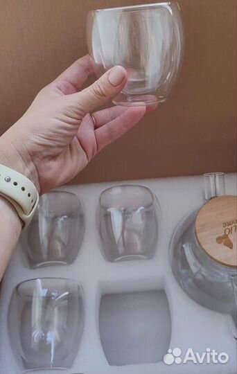 Новый набор чайник и 4 чашки стекло