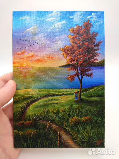 Магнит картина миниатюра на холсте акрилом Закат