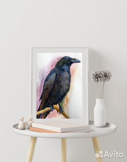 Картина черный ворон акварелью 20x30 см