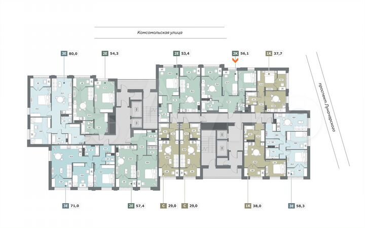 2-к. квартира, 56,1 м², 10/15 эт.