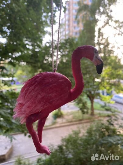 Ватная елочная игрушка фламинго