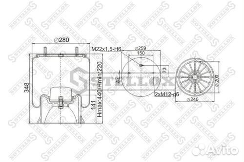 Stellox 9040222SX Пневморессора со стаканом 2 шп.M12смещ.25. 1отв.штуц.M22. Поршень пластик 4отв.d8