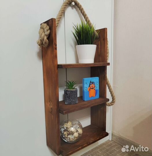 Полка настенная навесная, массив, 60*30*15, джут