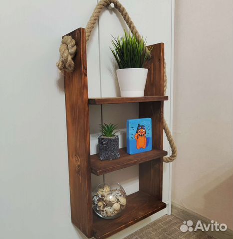 Полка настенная навесная, массив, 60*30*15, джут