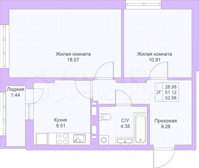 2-к. квартира, 52,6 м², 12/25 эт.