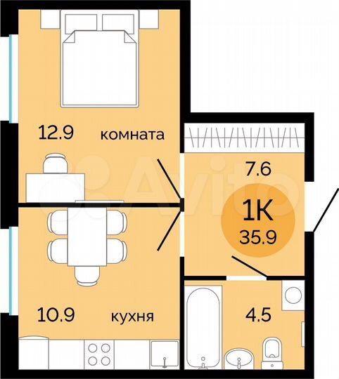 1-к. квартира, 35,9 м², 12/14 эт.