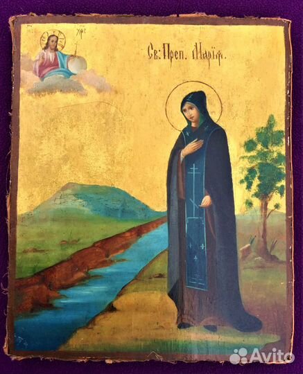 Старинная икона на золоте Святая Преподобная Мария