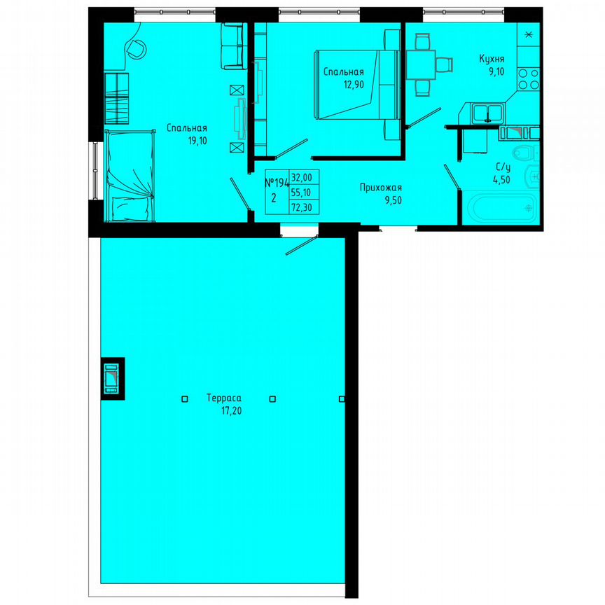 2-к. квартира, 72,3 м², 7/8 эт.