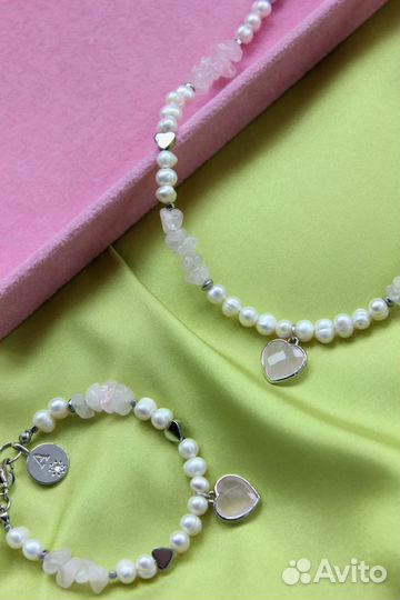Комплект из речного жемчуга и розового кварца