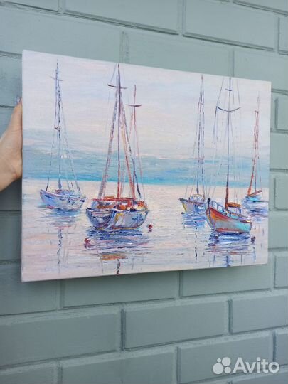 Картина маслом лодки море морской пейзаж 50х40