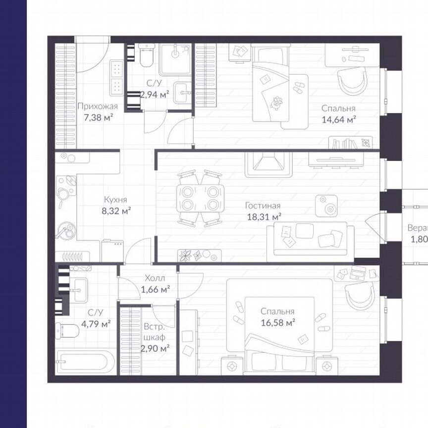 2-к. квартира, 79,4 м², 3/3 эт.