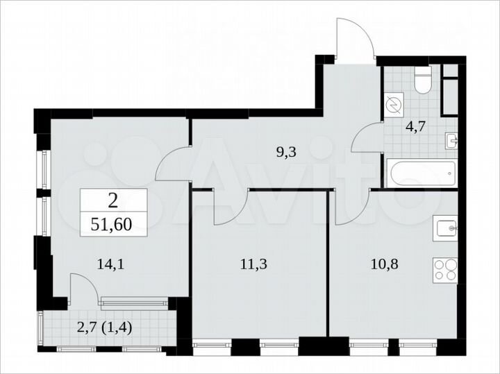 2-к. квартира, 51,6 м², 12/30 эт.