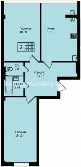 2-к. квартира, 73 м², 8/8 эт.