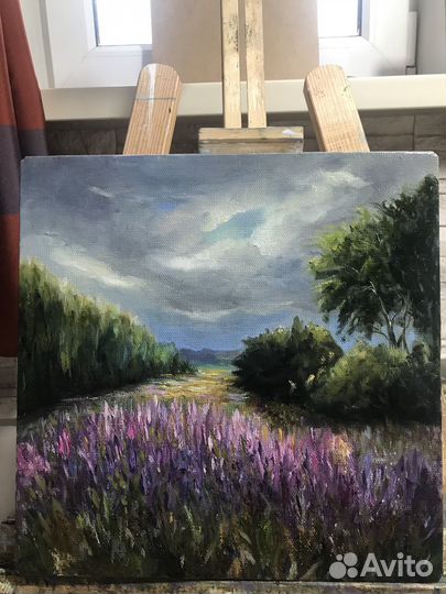 Картина пейзаж маслом на холсте лавандовая гроза